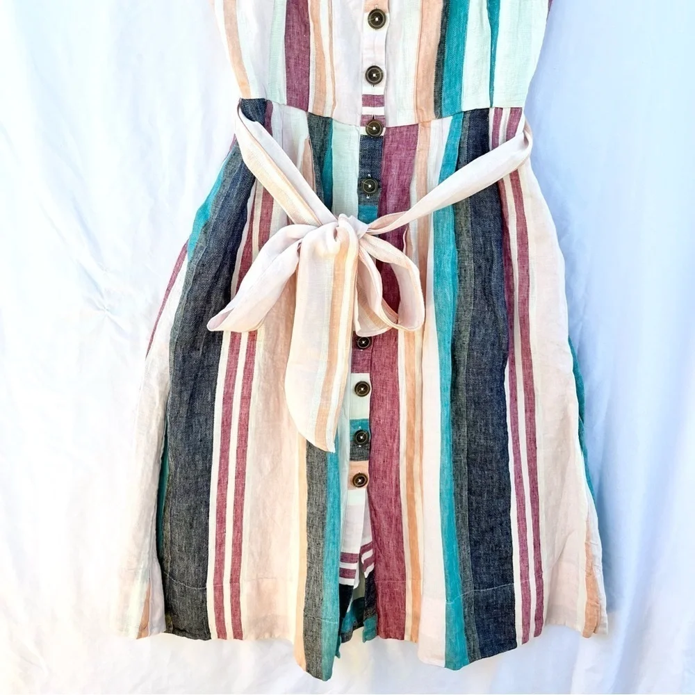 J.CREW | NWT BUTTON UP MIDI DRESS IN MIXED COLORED STRIPES SIZE 6 LINEN